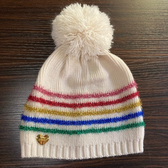 Betsey Johnson Accessories - Betsey Johnson Metallic Stripe Rainbow Pom Beanie 🌈